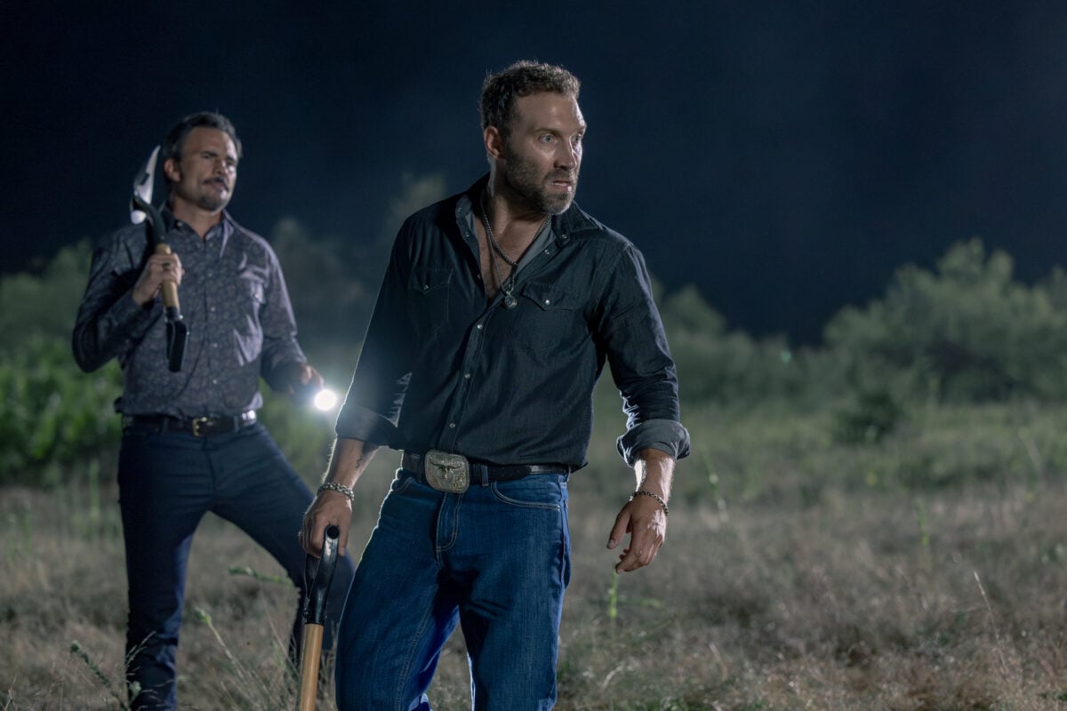L-R: Juan Pablo Raba as Joaquin and Jai Courtney as Rob-Will Jackson in Dutton Ranch, episode 2, season 1, streaming on Paramount+, 2026.