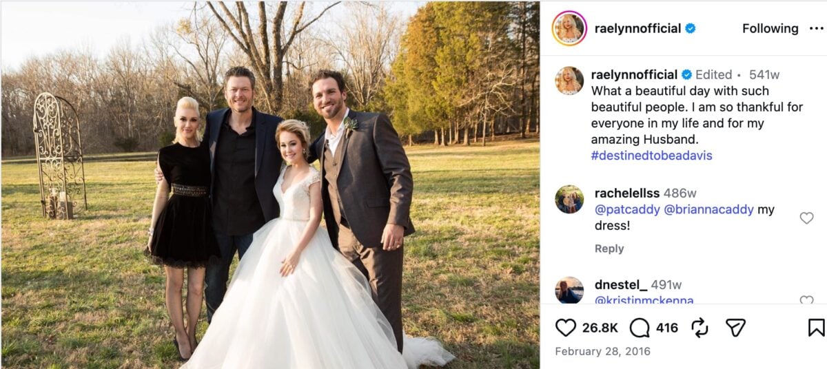 RaeLynn with Blake Shelton, Gwen Stefani, and husband Joshua on their wedding day