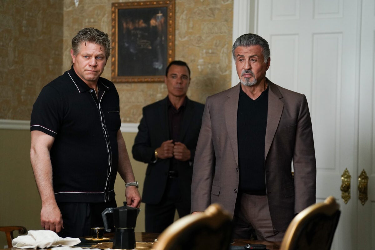 Domenick Lombardozzi as Charles “Chickie” Invernizzi and Sylvester Stallone as Dwight Manfredi of the Paramount+ original series TULSA KING. Photo Cr: Brian Douglas/Paramount+. © 2022 Viacom International Inc. All Rights Reserved.
