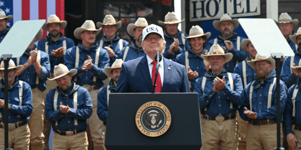 On July 1, President Trump attended the grand opening of the Theodore Roosevelt Presidential Library, and he arrived with an escort from the Rough Riders.