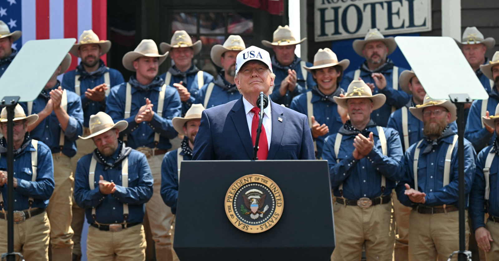 On July 1, President Trump attended the grand opening of the Theodore Roosevelt Presidential Library, and he arrived with an escort from the Rough Riders.