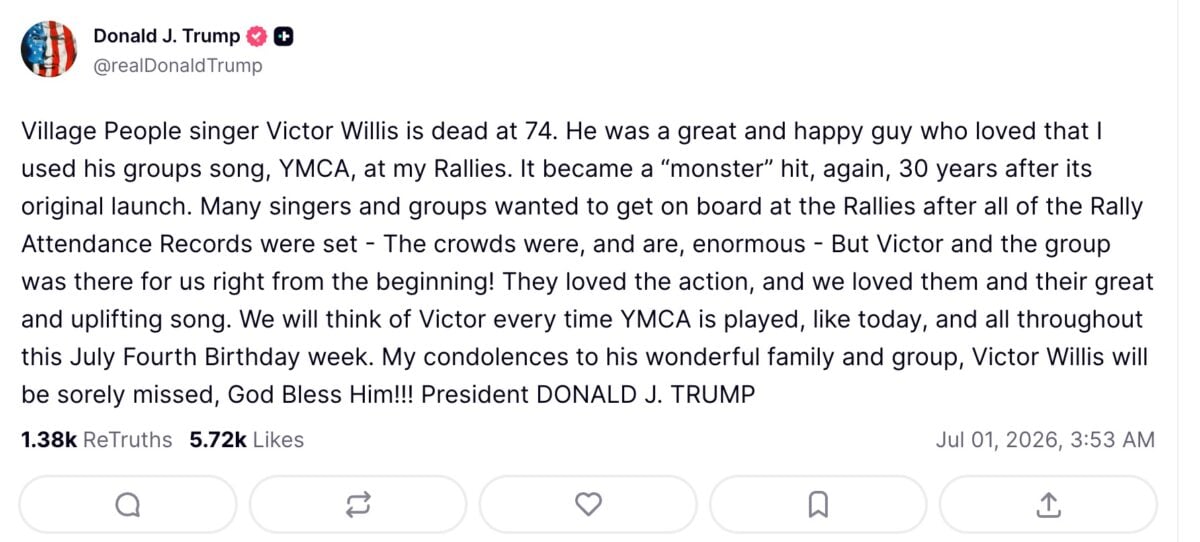 Donald Trump reacts to Victor Willis' death (Photo Credit: Donald Trump / Truth Social)