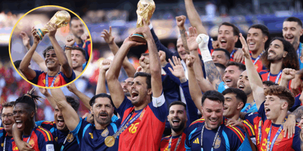 Spain hoists their World Cup trophy