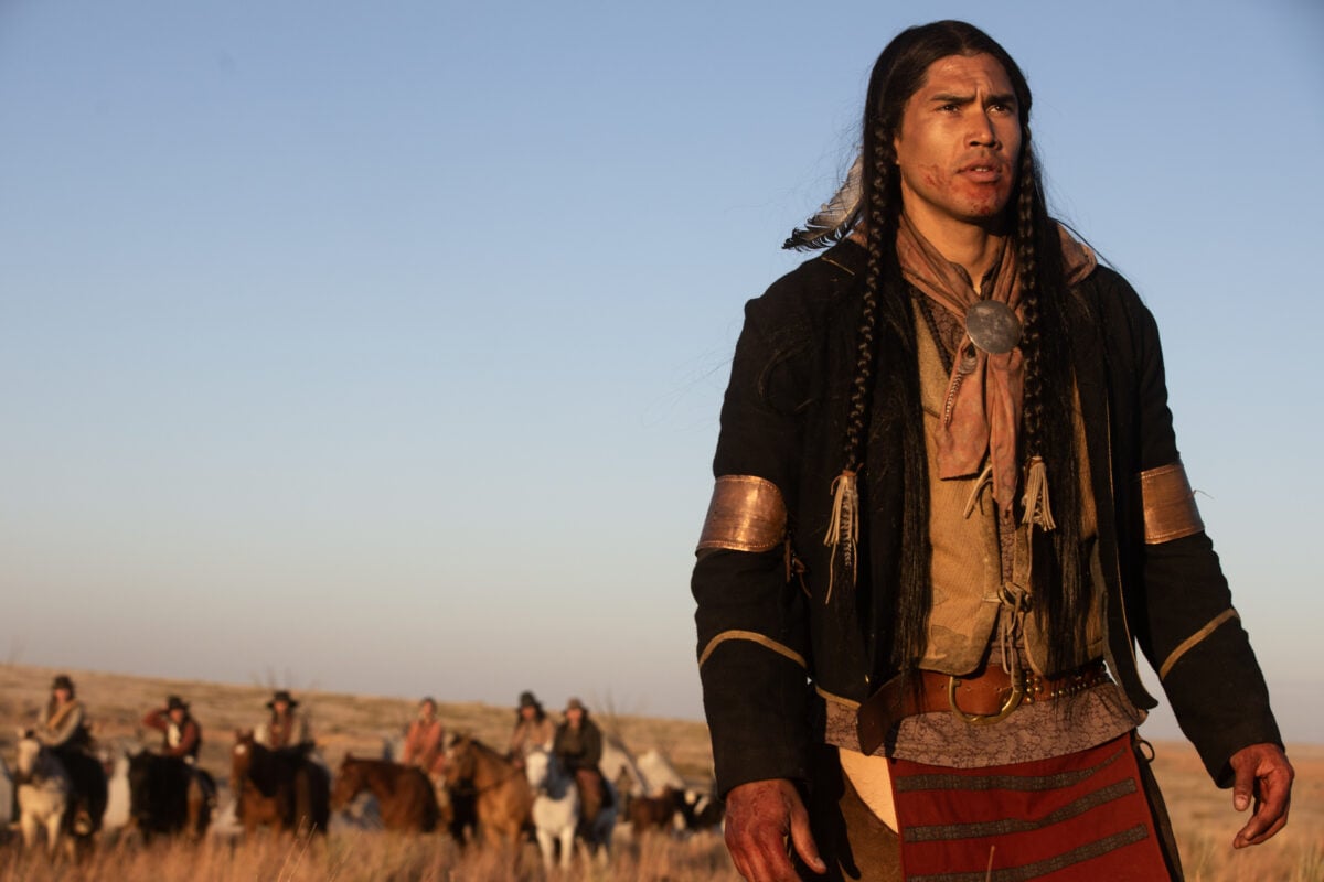 Pictured: Martin Sensmeier as Sam of the Paramount+ original series 1883. Photo Cr: Emerson Miller/Paramount+ © 2022 MTV Entertainment Studios. All Rights Reserved.