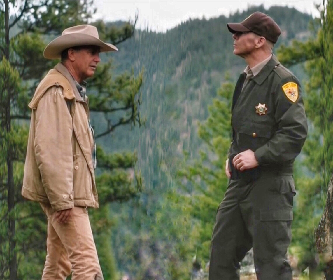 Kevin Costner as John Dutton and Hugh Dillon as Sheriff Donnie Haskell in Yellowstone (Photo Credit: IMDb)