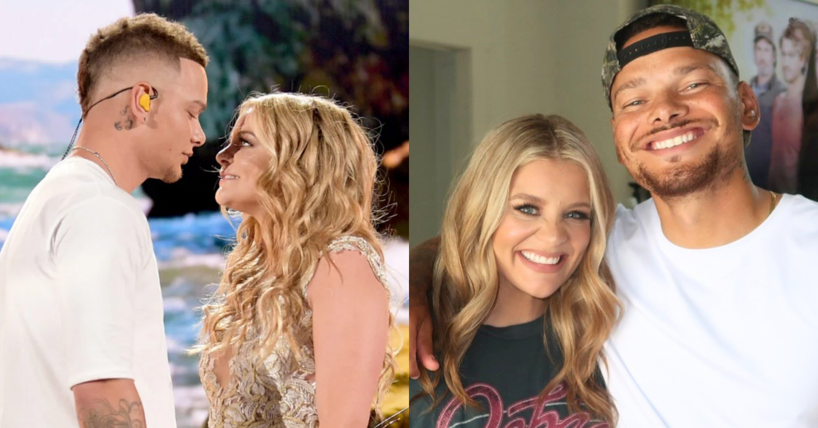 (Left) Kane Brown and Lauren Alain performing "What Ifs" in 2018, (Right) Lauren and Kane in 2026