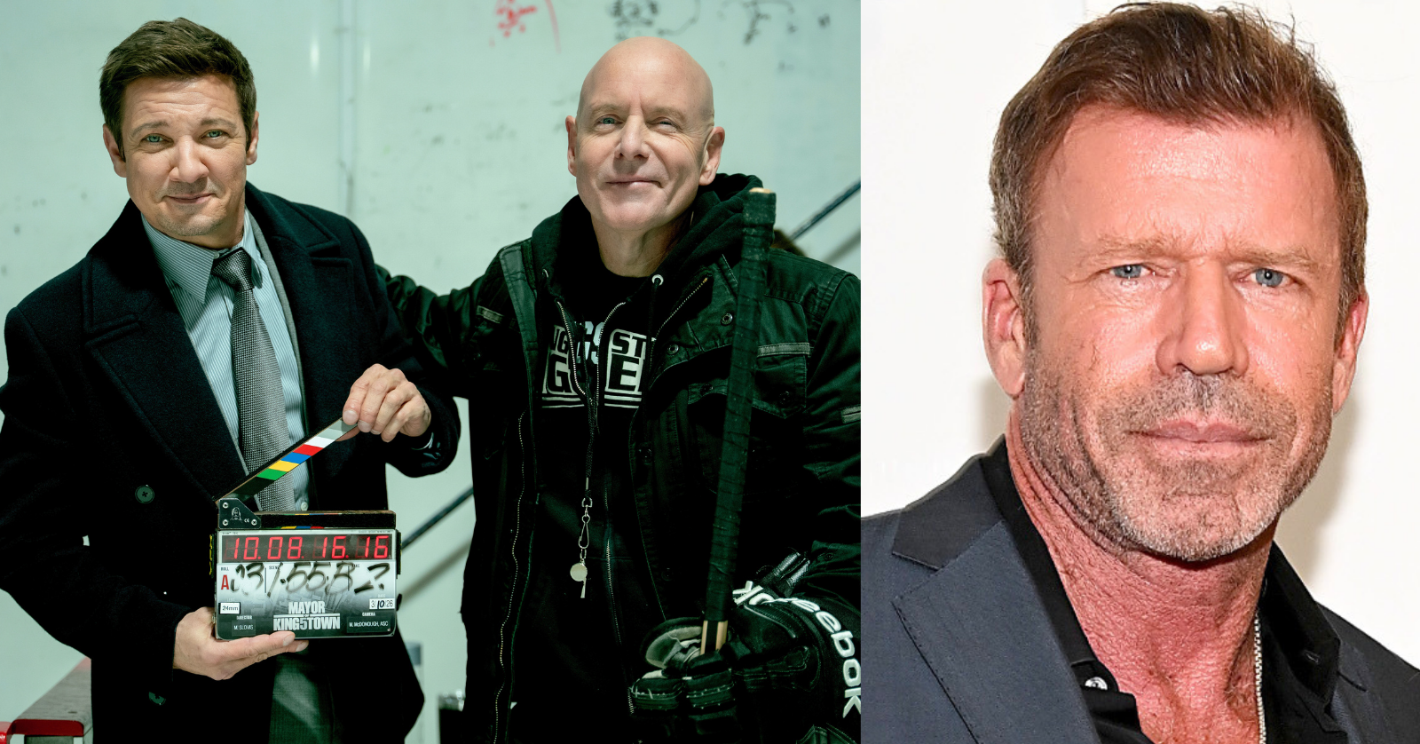 Jeremy Renner and Hugh Dillon filming Season 5 of Mayor of Kingstown, co-created by Taylor Sheridan