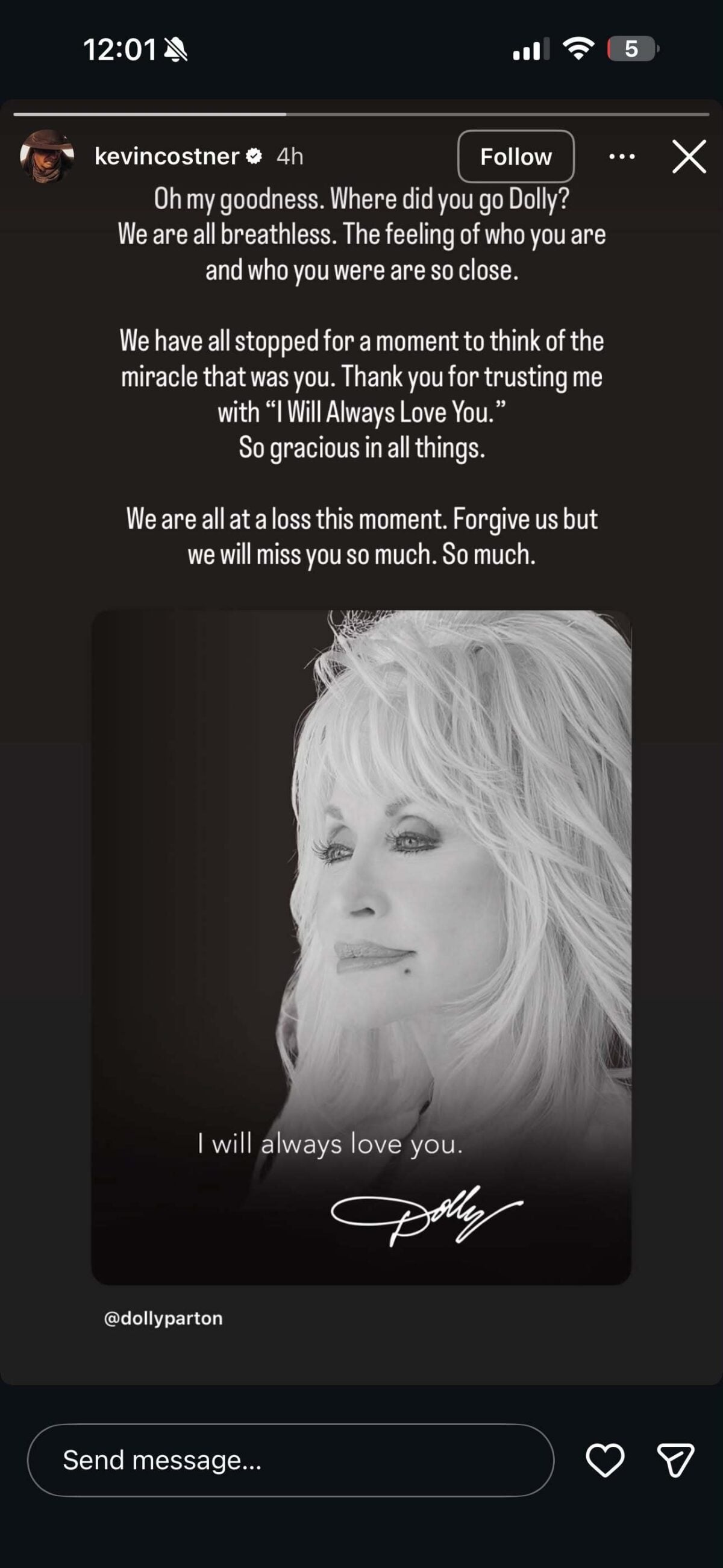 Kevin Costner reacts to Dolly Parton's death