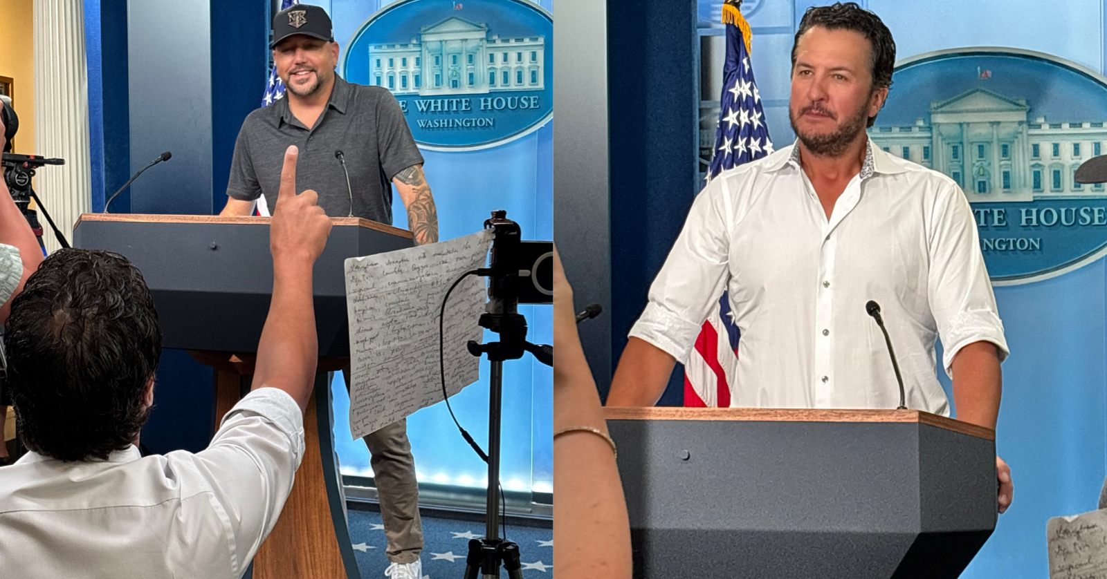 Ahead of their concert in Washington, D.C., Luke Bryan and Jason Aldean visited the White House, and Bryan humorously made an attempt at being press secretary.