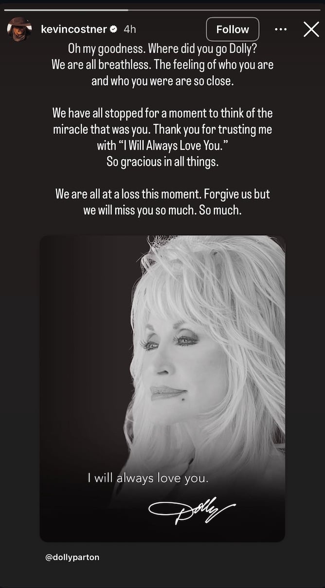 Kevin Costner posted this tribute to Dolly Parton following her death at the age of 80 on August 25