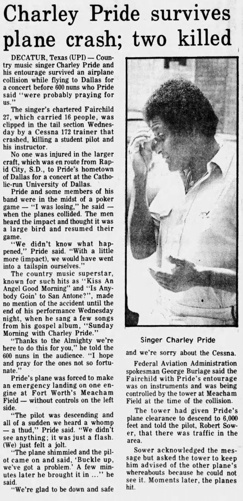 newspaper clipping about Charley Pride's plane crash 