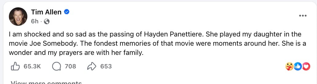Tim Allen offers prayers to Hayden Panettiere's family after her passing