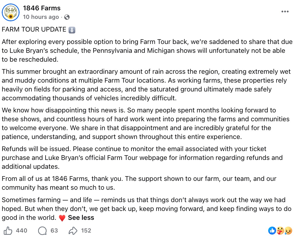 1846 Farms reveals their Farm Tour concert will not be rescheduled