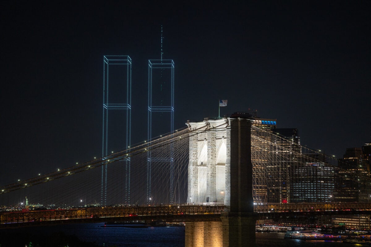 Drone light display illuminates over the New York Harbor honoring 9/11 victims