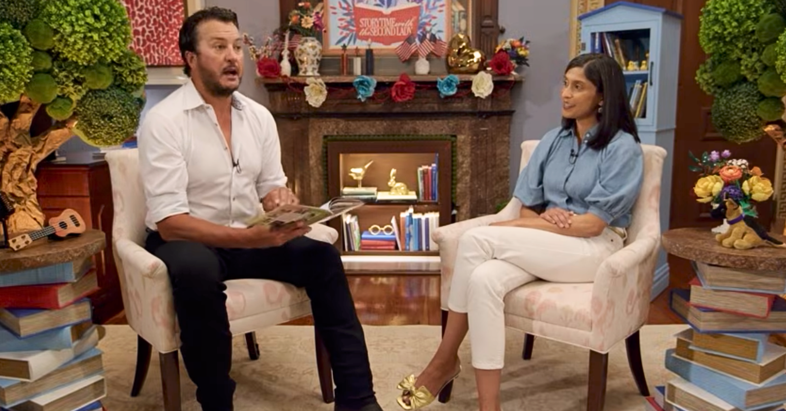Luke Bryan joined Second Lady Usha Vance on her children's literacy program, reading a book and opening up about storytelling in country music.