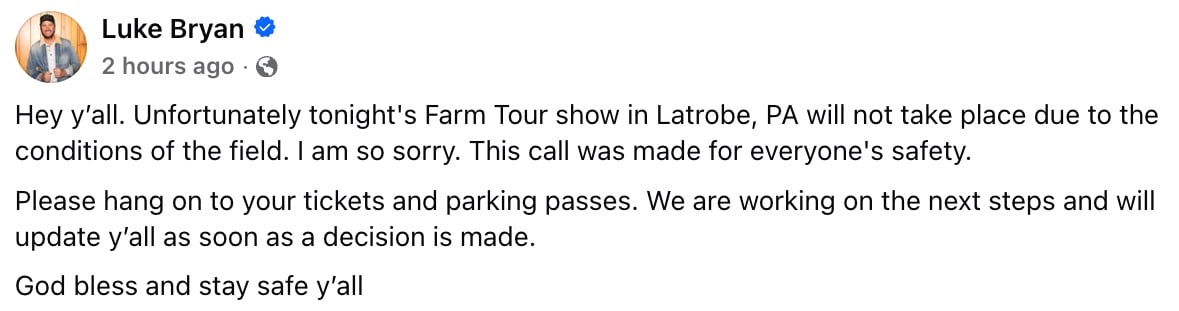 Luke Bryan announces Farm Tour stop In PA will not take place