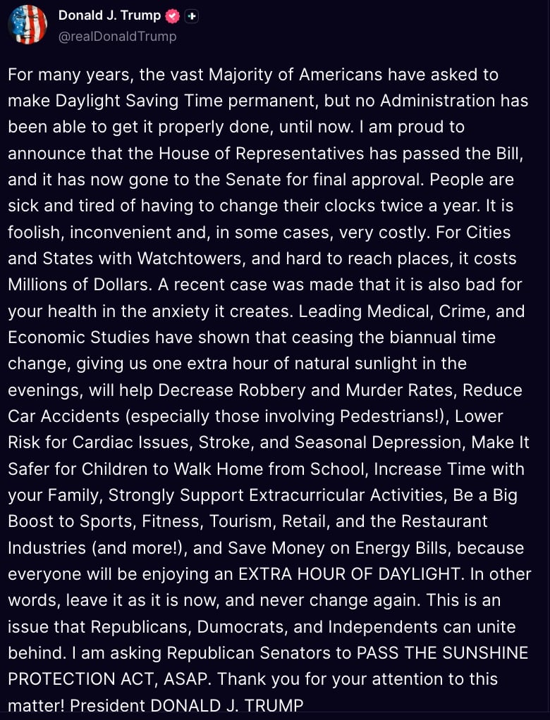 President Trump's Truth Social Post advocating for permanent Daylight Savings Time (Photo Credit: President Trump / Truth Social)
