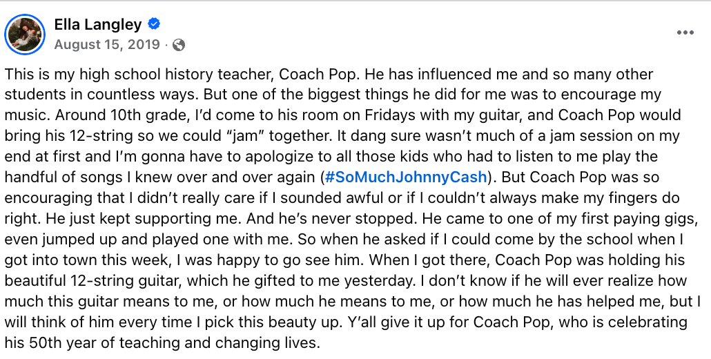 Ella Langley giving Coach Pop a shout out on Facebook in 2019