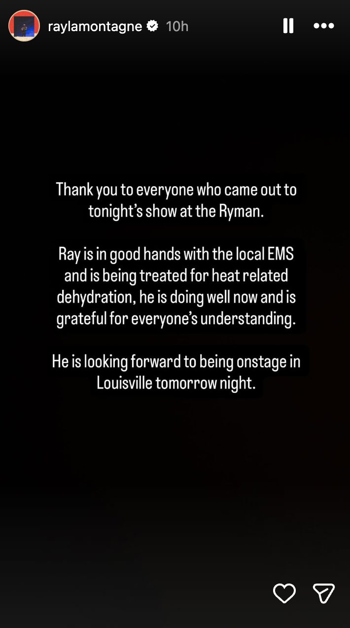 Ray LaMontagne's team thanks fans for their understanding