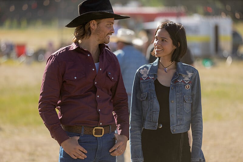 Luke Grimes and Kelsey Asbille as Kayce and Monica Dutton in a scene from Yellowstone