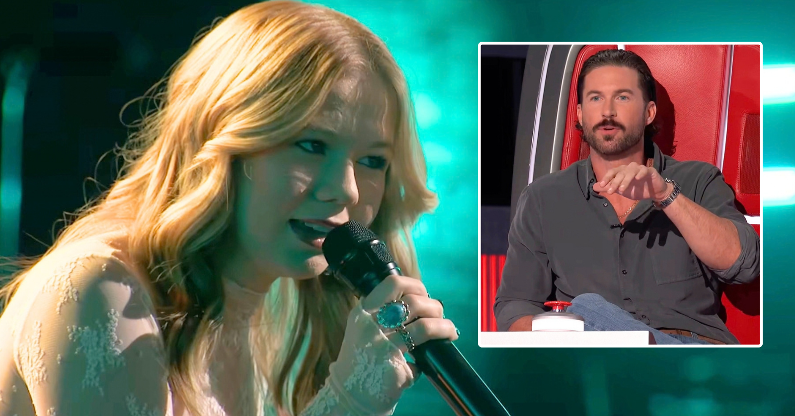 Riley Green presses new "First In" button on Season 30 of "The Voice" for 15-year-old Allie Rae after her blind audition performance of "Black Velvet"
