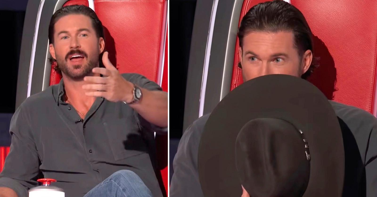 Riley Green felt compelled to hide behind his hat during Season 30 of The Voice when coach Queen Latifah charmed contestant Alt Bloom with a song after he sang "The Bones" by Maren Morris