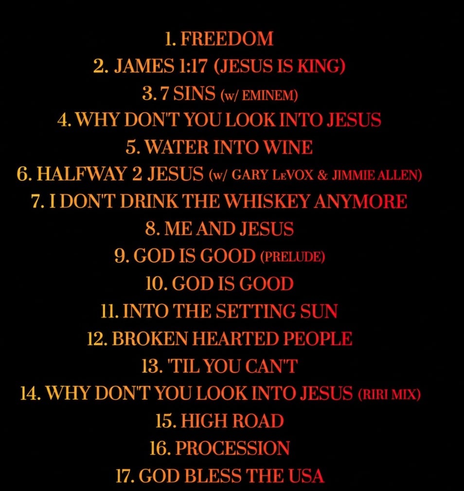 Tracking Listing for Kid Rock's album Halfway To Jesus as of Oct 1 (Photo Credit: Kid Rock / Instagram)