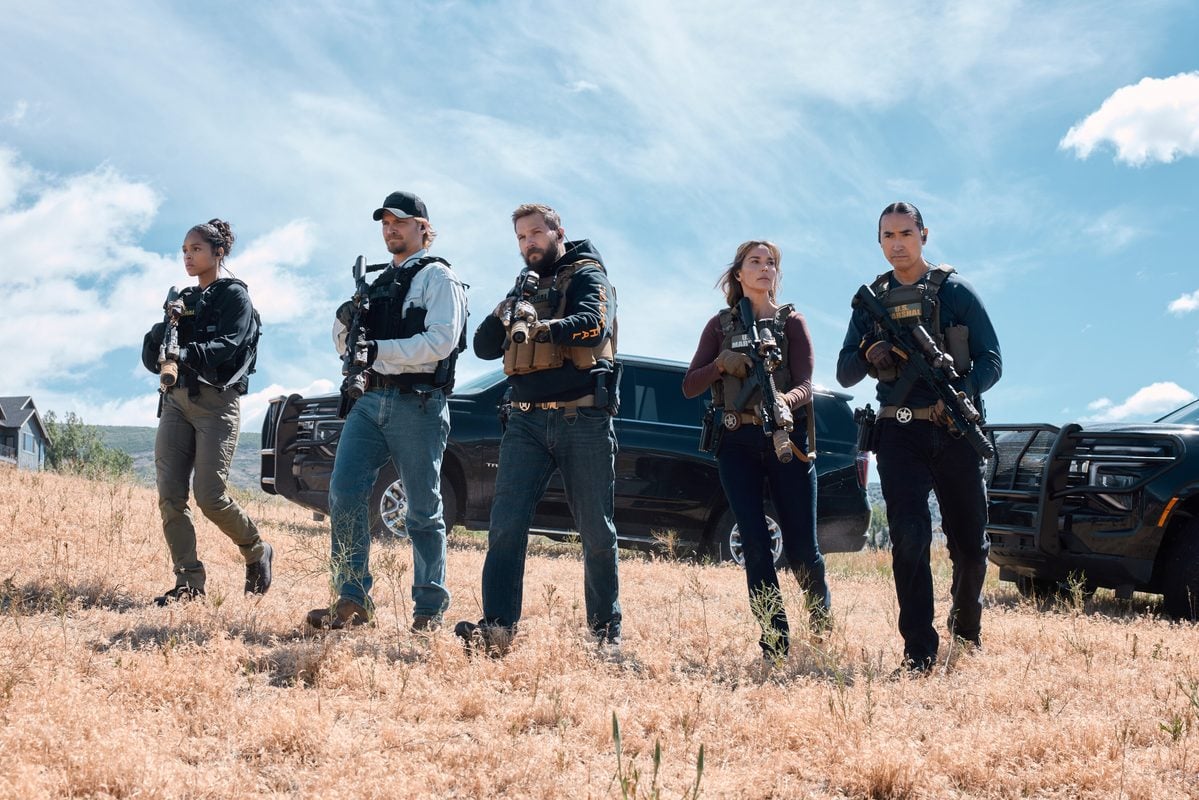 "Blast Radius" -- Coverage of the CBS Original Series Marshals, scheduled to air on the CBS Television Network.   Pictured (L-R): Ash Santos as Andrea Cruz, Luke Grimes as Kayce Dutton, Logan Marshall-Green as Pete Calvin, Arielle Kebbel as Belle, and Tatanka Means as Miles Kittle.  Photo: Fred Hayes/CBS ©2026 CBS Broadcasting, Inc. All Rights Reserved.