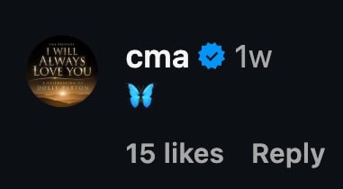 The CMA account replies with a butterfly emoji under Zac Brown’s Instagram post about the Dolly Parton tribute