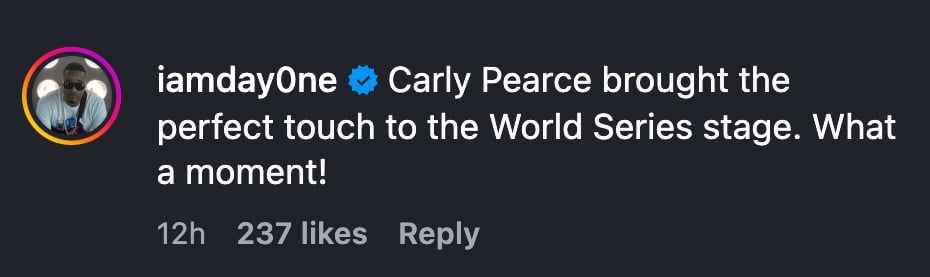 An Instagram user praises Carly Pearce's rendition of the national anthem at the World Series (Photo Credit: MLB / Instagram)