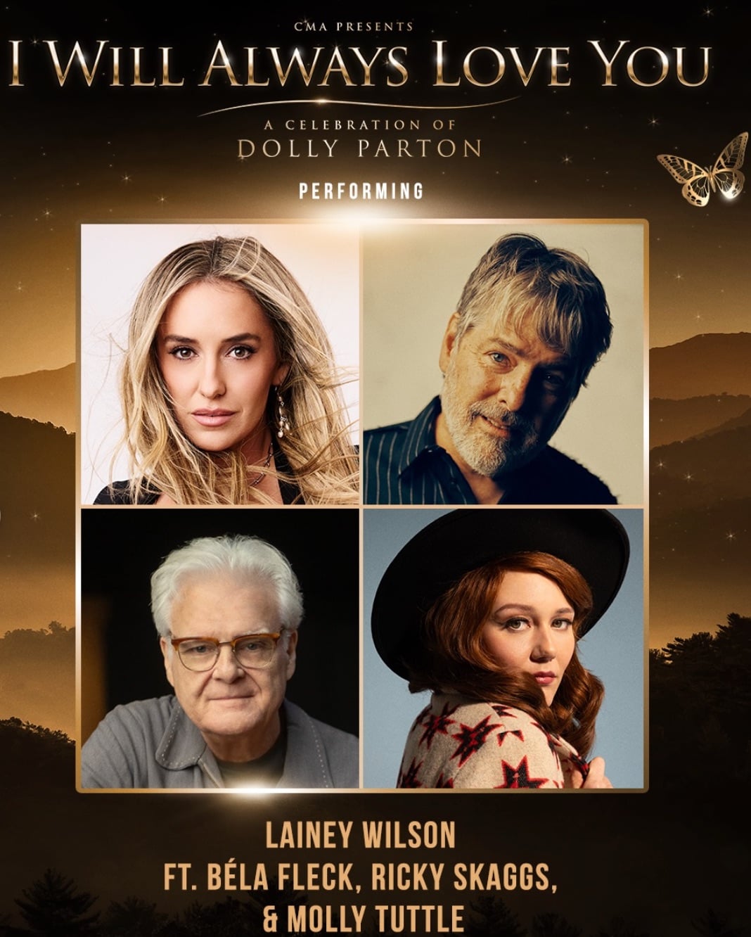 CMA promotional graphic with headshots of Lainey Wilson, Béla Fleck, Ricky Skaggs and Molly Tuttle, announcing their performance at the Dolly Parton tribute