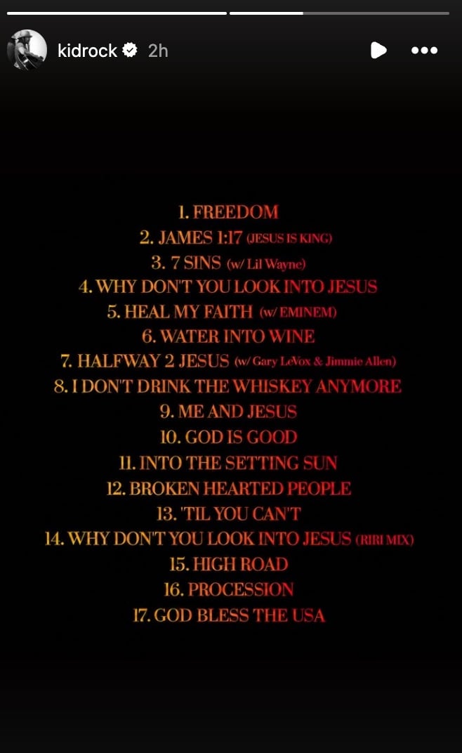 Kid Rock announces new track listing for Halfway To Jesus on Oct 14 (Photo Credit: Kid Rock / Instagram)