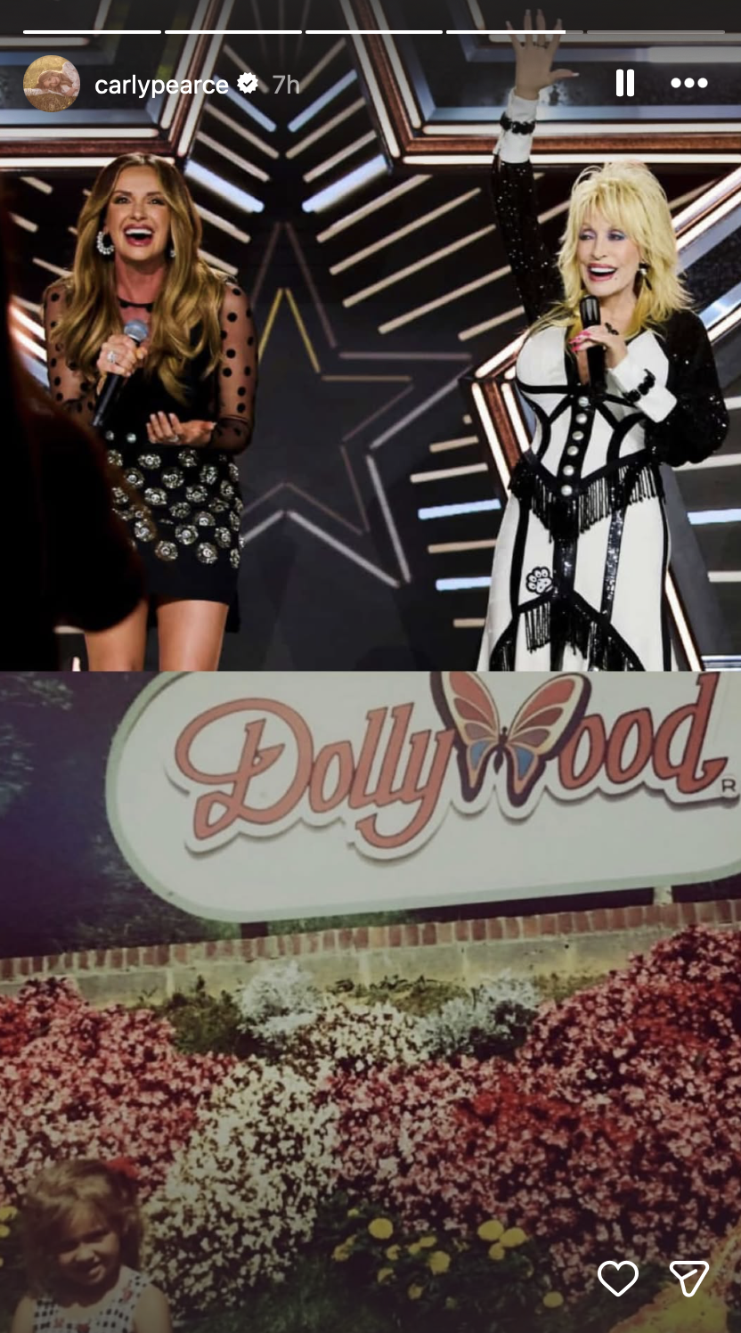Carly Pearce’s Instagram Story: the singer on stage with Dolly Parton, above a childhood photo of herself at the Dollywood sign