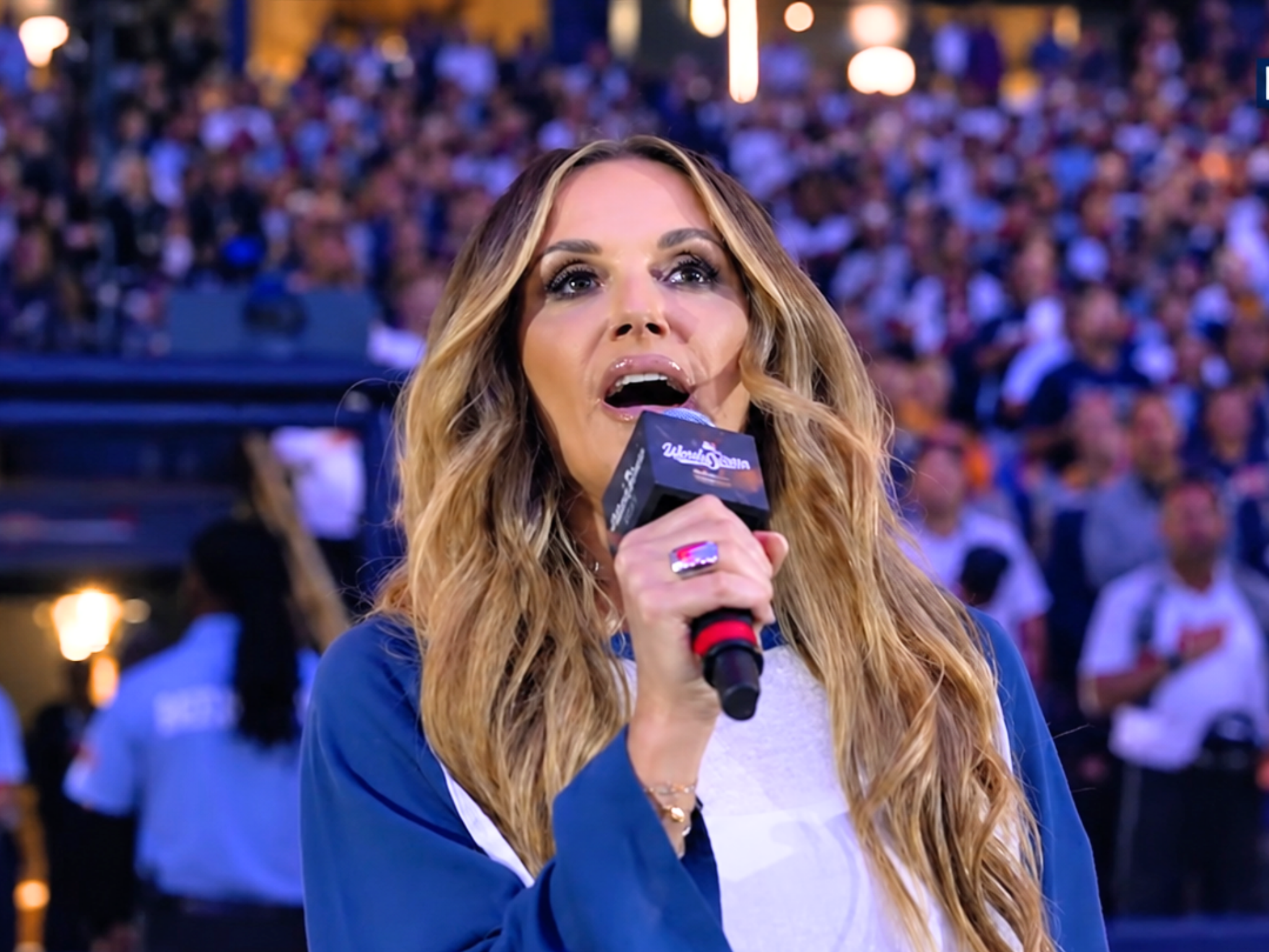 Carly Pearce performs the national anthem before Game 3 of the 2026 World Series
