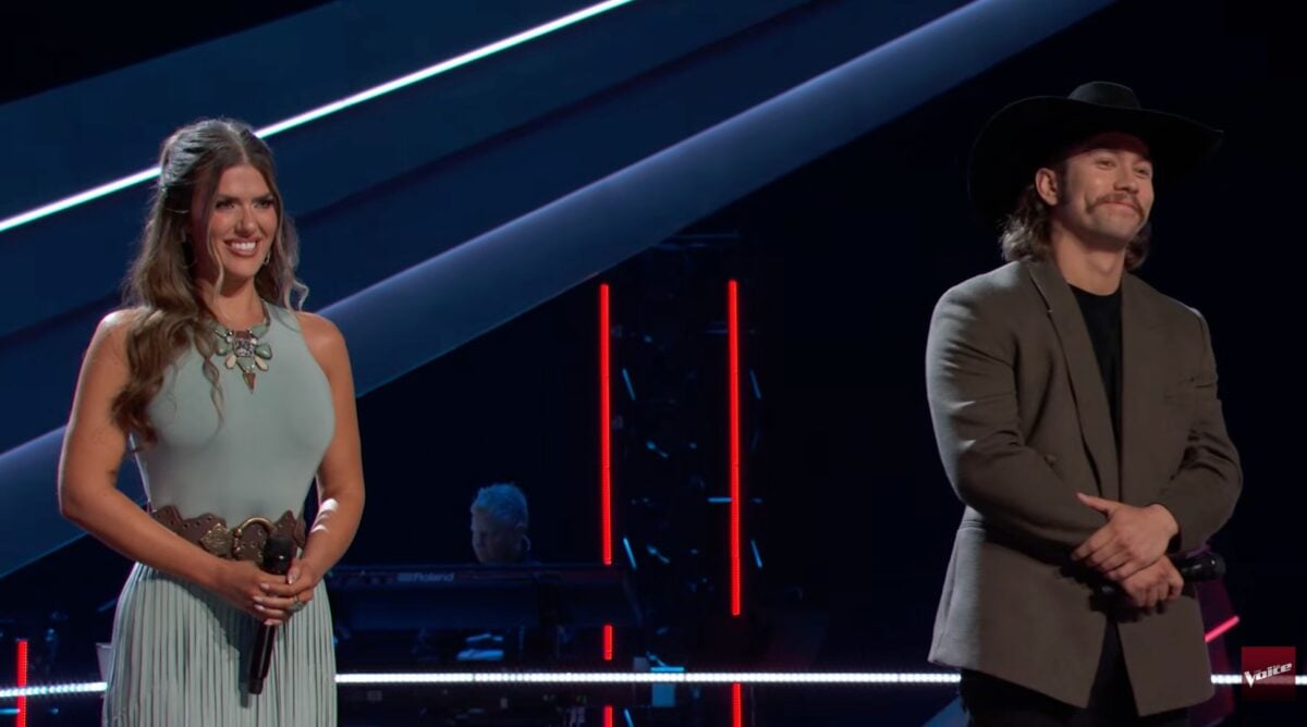 Caroline Alexis and Everett Bounds after they sang "Louisiana Woman, Mississippi Man" by Conway Twitty and Loretta Lynn for the battles on Season 30 of The Voice